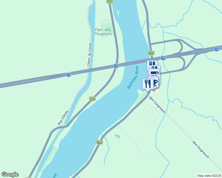 map of restaurants, bars, coffee shops, grocery stores, and more near 3621 Chemin Sainte-Thérèse in Carignan