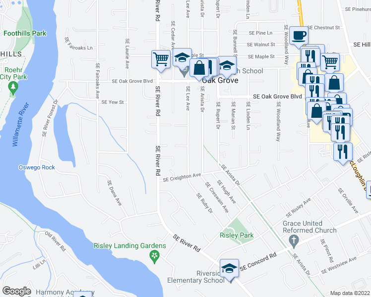 map of restaurants, bars, coffee shops, grocery stores, and more near 15301 Southeast Lee Avenue in Milwaukie