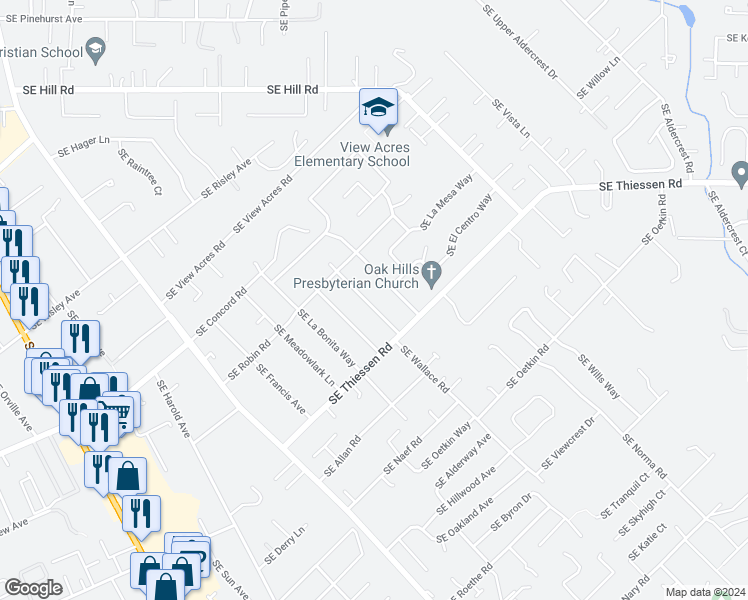 map of restaurants, bars, coffee shops, grocery stores, and more near 15270 Southeast La Marquita Way in Milwaukie