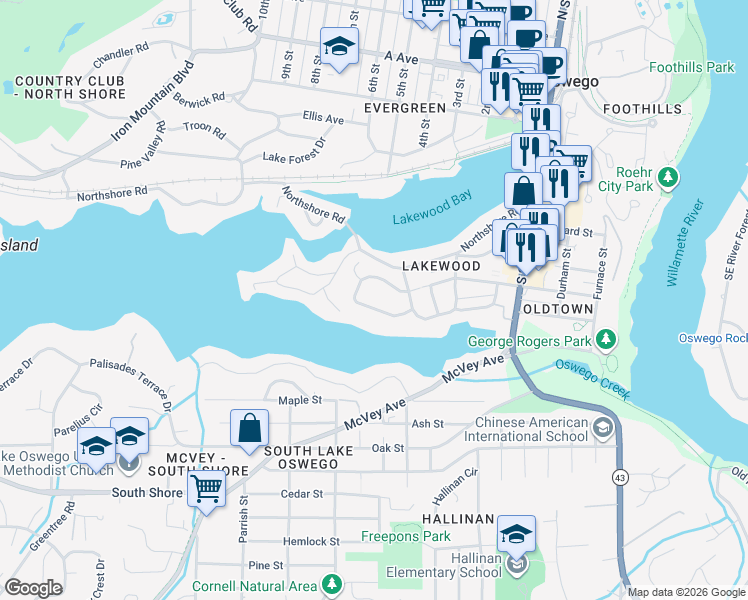 map of restaurants, bars, coffee shops, grocery stores, and more near 567 Ridgeway Road in Lake Oswego