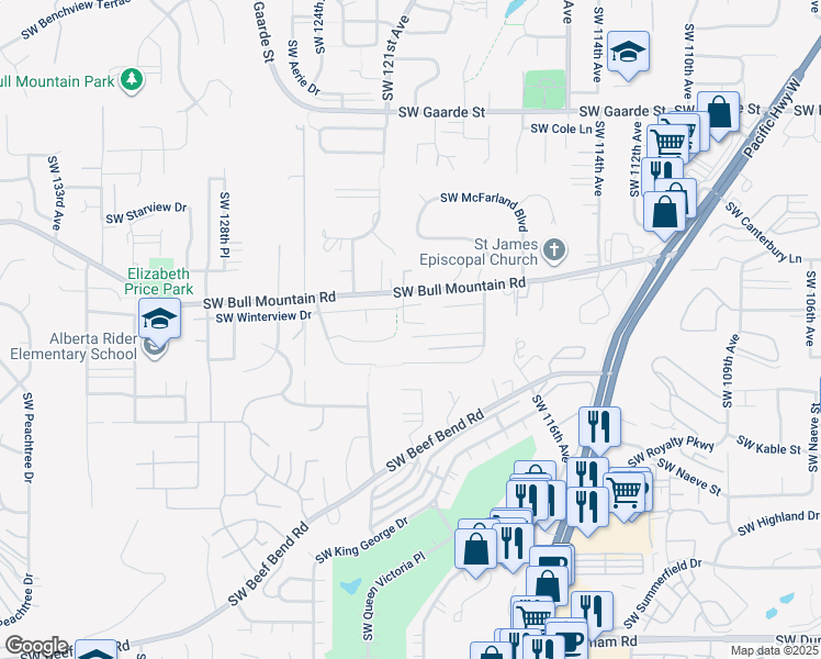 map of restaurants, bars, coffee shops, grocery stores, and more near 12042 Southwest Stringer Lane in Tigard