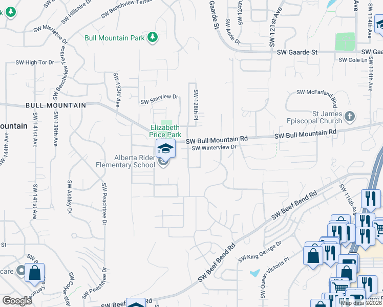 map of restaurants, bars, coffee shops, grocery stores, and more near 14850 Southwest Greenfield Drive in Tigard