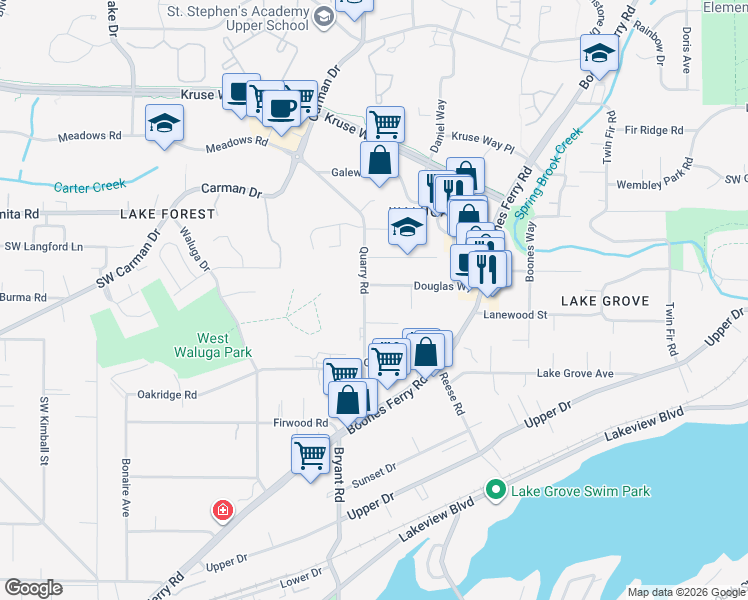 map of restaurants, bars, coffee shops, grocery stores, and more near 4301 Beasley Way in Lake Oswego