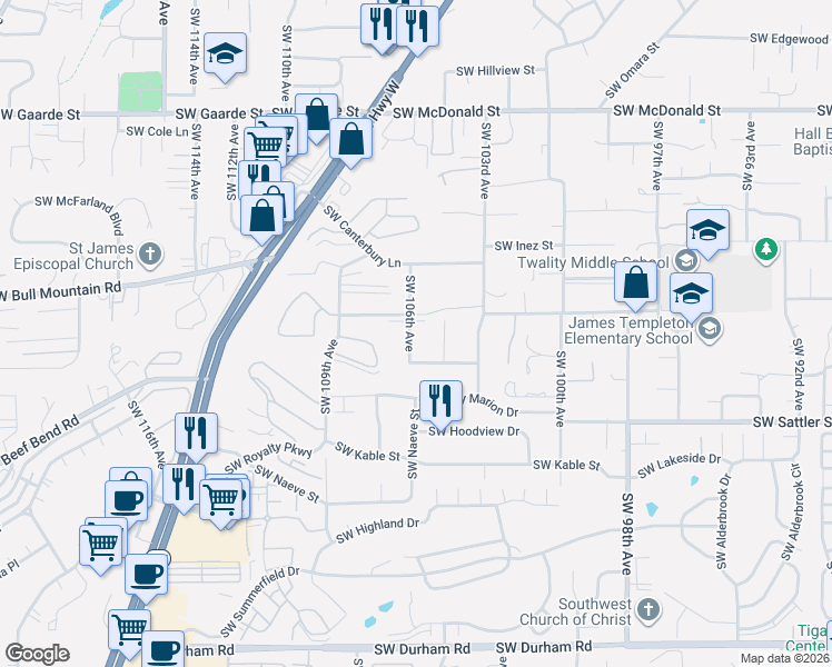 map of restaurants, bars, coffee shops, grocery stores, and more near 14862 Southwest 106th Avenue in Tigard