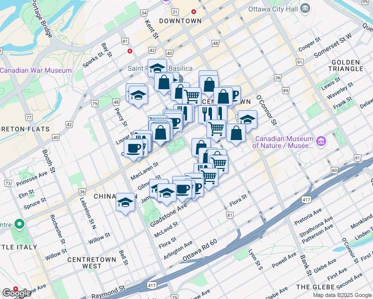 map of restaurants, bars, coffee shops, grocery stores, and more near in Ottawa
