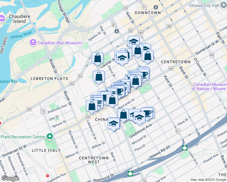 map of restaurants, bars, coffee shops, grocery stores, and more near 726 Cooper Street in Ottawa