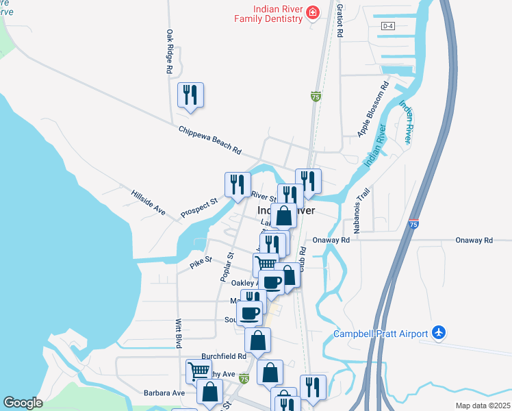 map of restaurants, bars, coffee shops, grocery stores, and more near 3423 Poplar Street in Indian River