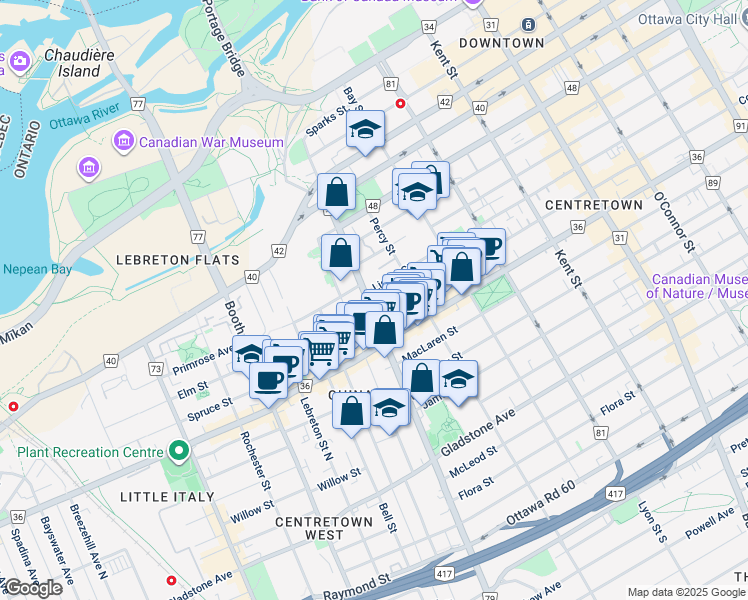map of restaurants, bars, coffee shops, grocery stores, and more near 246 Bronson Avenue in Ottawa