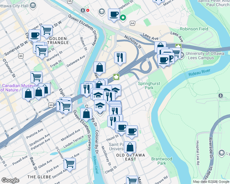map of restaurants, bars, coffee shops, grocery stores, and more near 57 Lees Avenue in Ottawa