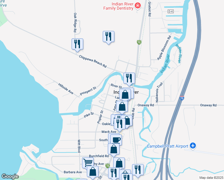 map of restaurants, bars, coffee shops, grocery stores, and more near 3423 Poplar St in Indian River