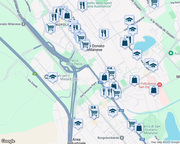 map of restaurants, bars, coffee shops, grocery stores, and more near 3 Via Cesare Zavattini in San Donato Milanese