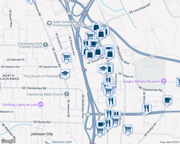 map of restaurants, bars, coffee shops, grocery stores, and more near 8909 Southeast Tolbert Street in Clackamas
