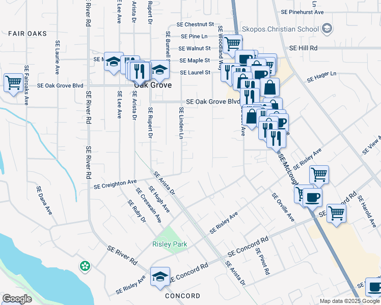 map of restaurants, bars, coffee shops, grocery stores, and more near 15216 Southeast Linden Lane in Milwaukie