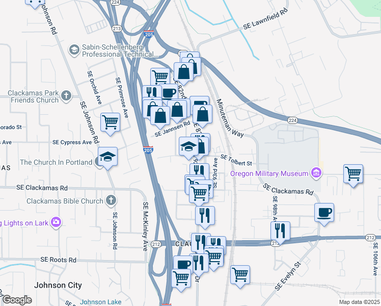 map of restaurants, bars, coffee shops, grocery stores, and more near 9145 Southeast Tolbert Street in Clackamas