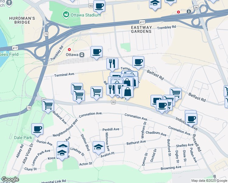 map of restaurants, bars, coffee shops, grocery stores, and more near 100 Trainyards Drive in Ottawa