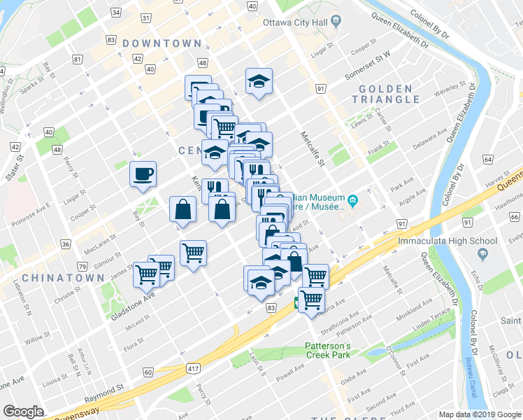 map of restaurants, bars, coffee shops, grocery stores, and more near 408 Bank Street in Ottawa