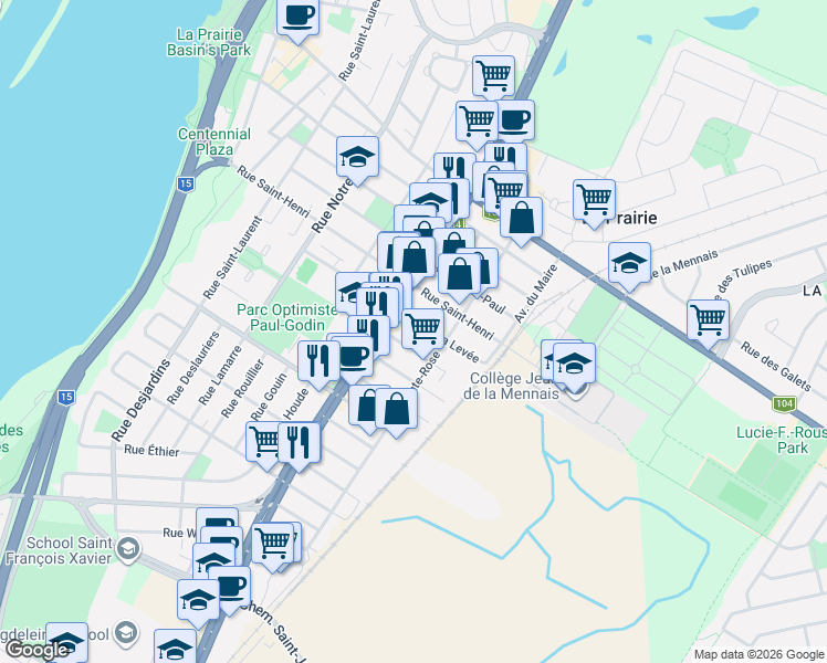 map of restaurants, bars, coffee shops, grocery stores, and more near 540 Rue de la Levée in La Prairie