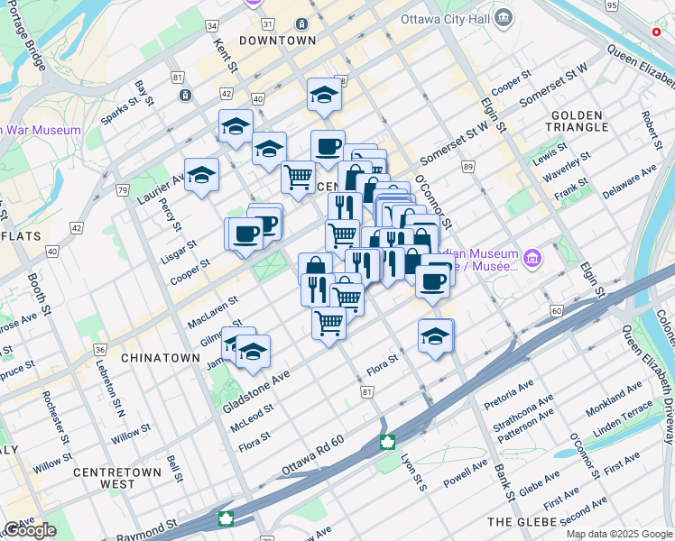 map of restaurants, bars, coffee shops, grocery stores, and more near 381 Kent Street in Ottawa