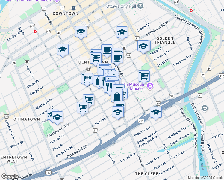map of restaurants, bars, coffee shops, grocery stores, and more near Bank St & Florence St in Ottawa