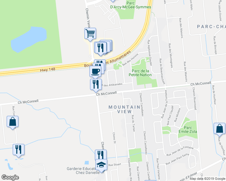 map of restaurants, bars, coffee shops, grocery stores, and more near 519 Chemin McConnell in Gatineau