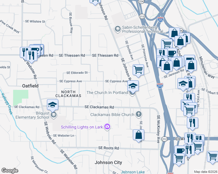map of restaurants, bars, coffee shops, grocery stores, and more near 15225 South East Towers Terrace in Milwaukie