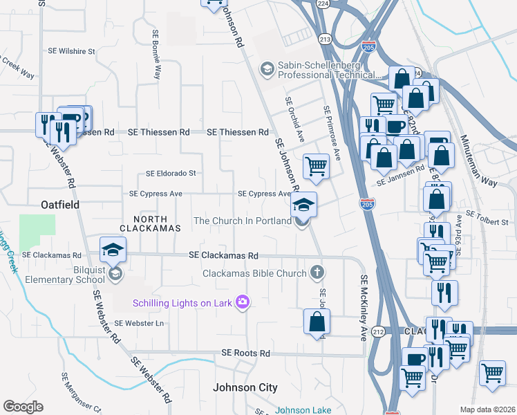 map of restaurants, bars, coffee shops, grocery stores, and more near 15209 South East Towers Terrace in Milwaukie