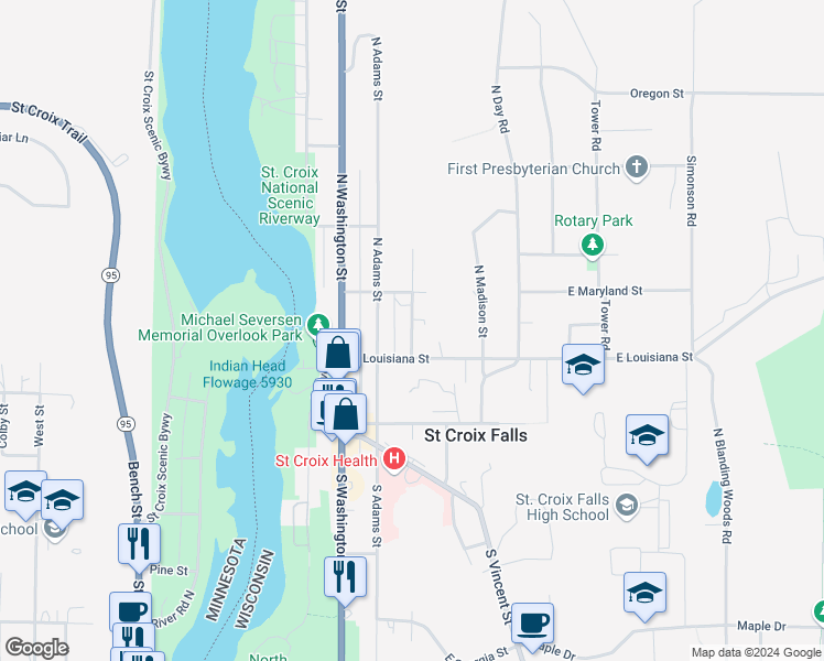 map of restaurants, bars, coffee shops, grocery stores, and more near 226 North Jefferson Street in St. Croix Falls