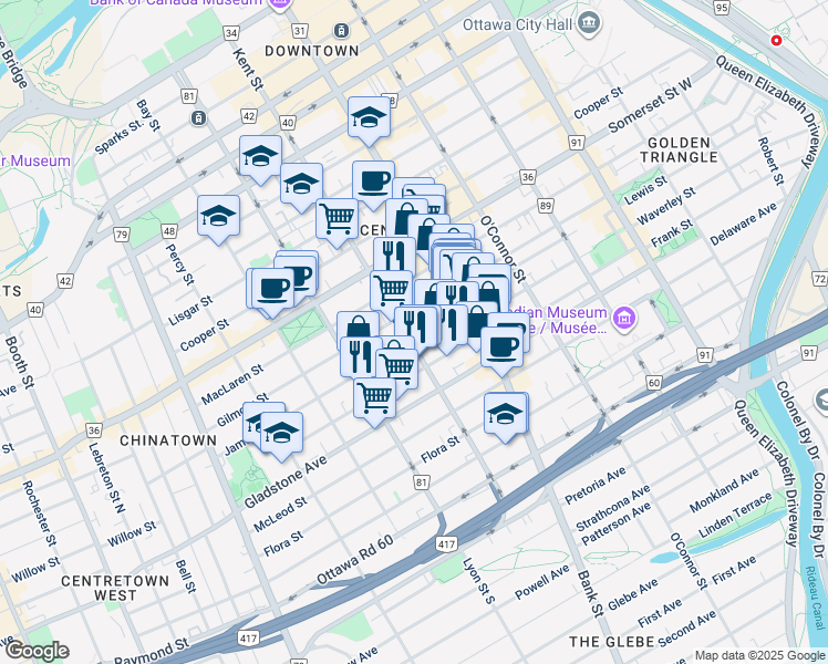 map of restaurants, bars, coffee shops, grocery stores, and more near 381 Kent Street in Ottawa