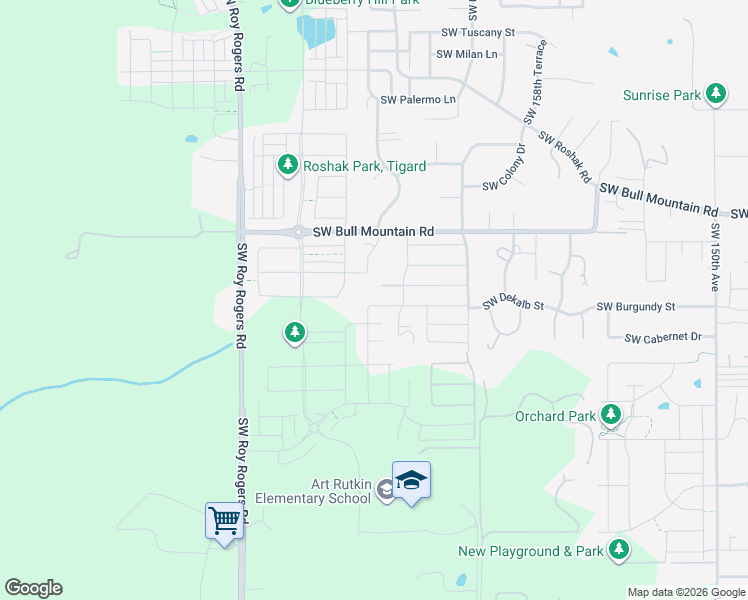 map of restaurants, bars, coffee shops, grocery stores, and more near 16395 Southwest Dekalb Street in Portland