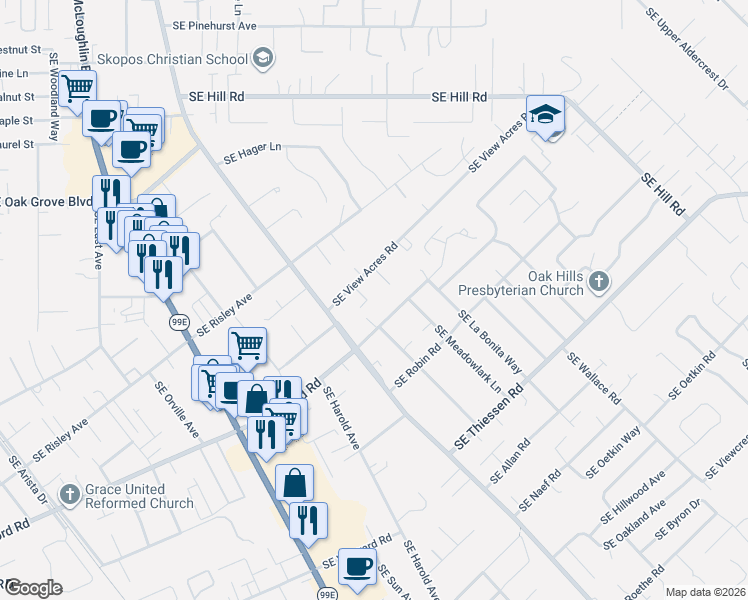 map of restaurants, bars, coffee shops, grocery stores, and more near 15250 Southeast View Meadows Lane in Milwaukie