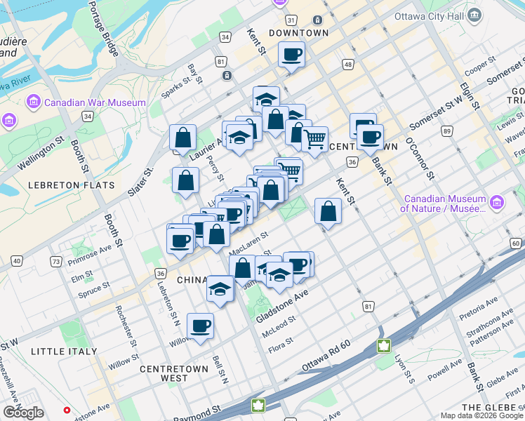 map of restaurants, bars, coffee shops, grocery stores, and more near 575 Somerset Street West in Ottawa