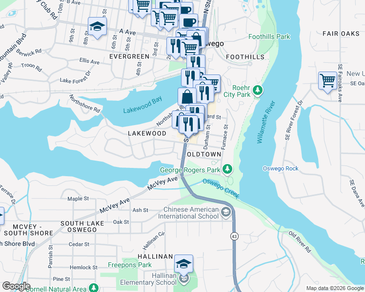 map of restaurants, bars, coffee shops, grocery stores, and more near 485 South State Street in Lake Oswego