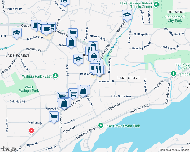 map of restaurants, bars, coffee shops, grocery stores, and more near 15659 Boones Ferry Road in Lake Oswego