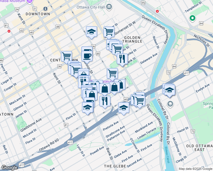 map of restaurants, bars, coffee shops, grocery stores, and more near 240 McLeod Street in Ottawa