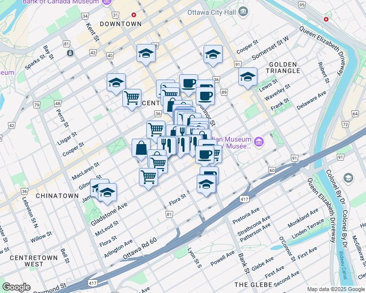 map of restaurants, bars, coffee shops, grocery stores, and more near in Ottawa
