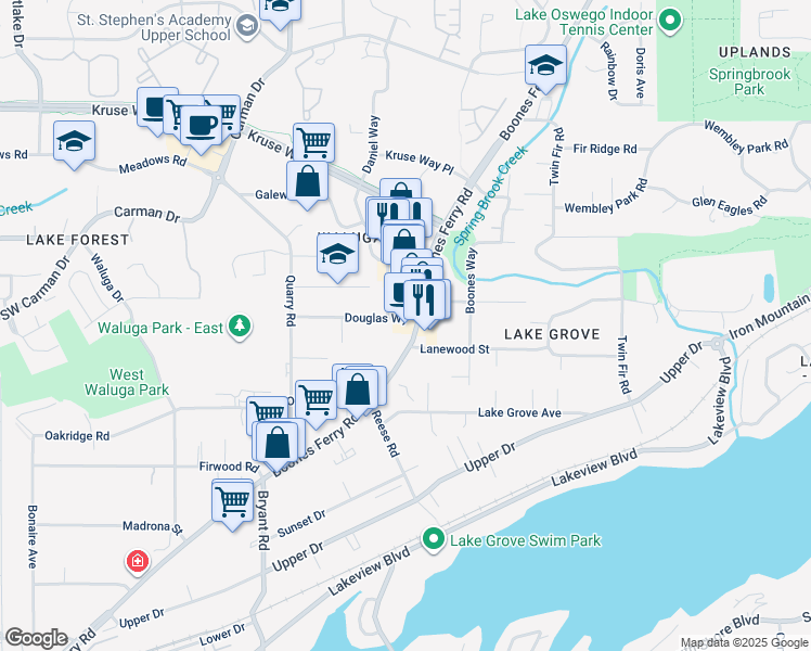 map of restaurants, bars, coffee shops, grocery stores, and more near 15645 Boones Ferry Road in Lake Oswego
