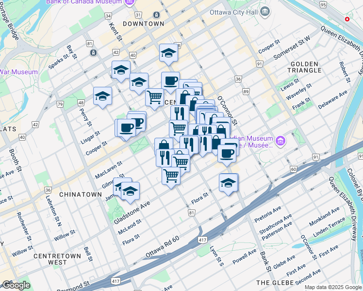 map of restaurants, bars, coffee shops, grocery stores, and more near 388 Kent Street in Ottawa
