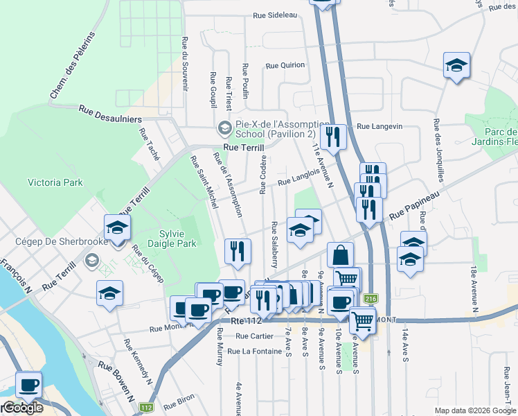 map of restaurants, bars, coffee shops, grocery stores, and more near 385 Rue Codère in Sherbrooke