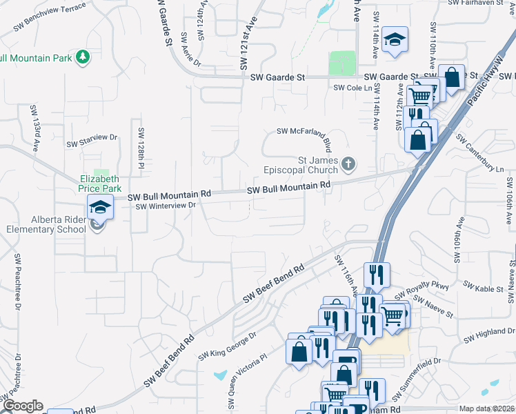 map of restaurants, bars, coffee shops, grocery stores, and more near 12059 Southwest Stringer Lane in Tigard