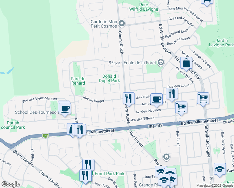 map of restaurants, bars, coffee shops, grocery stores, and more near 62 Rue du Couguar in Gatineau