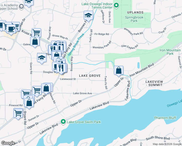 map of restaurants, bars, coffee shops, grocery stores, and more near in Lake Oswego