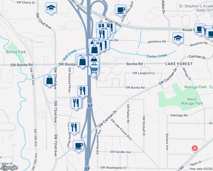 map of restaurants, bars, coffee shops, grocery stores, and more near 6310 Southwest Burma Road in Lake Oswego