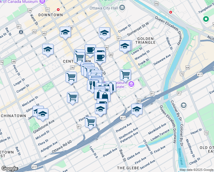 map of restaurants, bars, coffee shops, grocery stores, and more near 403 Bank Street in Ottawa