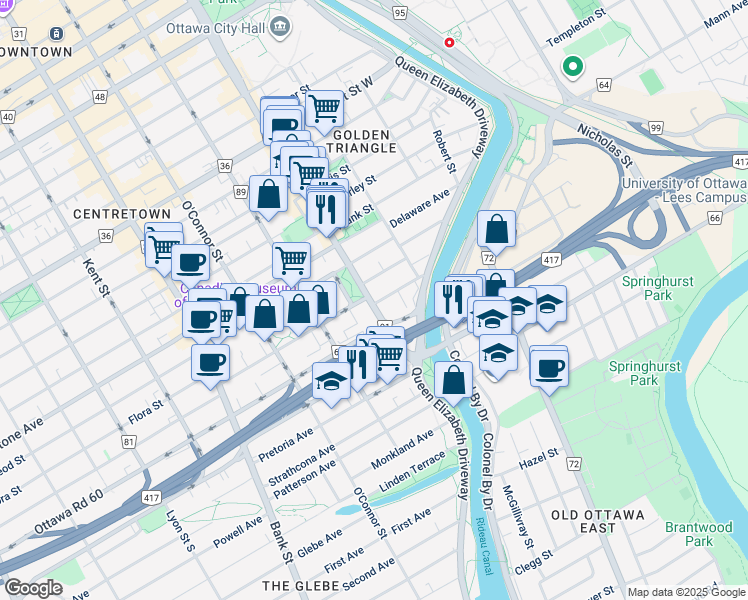 map of restaurants, bars, coffee shops, grocery stores, and more near 61 Argyle Avenue in Ottawa
