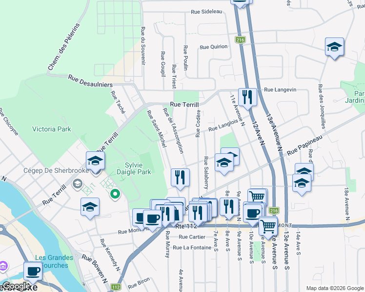 map of restaurants, bars, coffee shops, grocery stores, and more near 390 Rue de l'Assomption in Sherbrooke