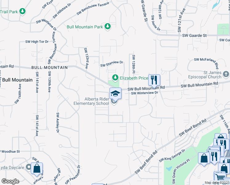 map of restaurants, bars, coffee shops, grocery stores, and more near 14850 Southwest 132nd Terrace in Tigard