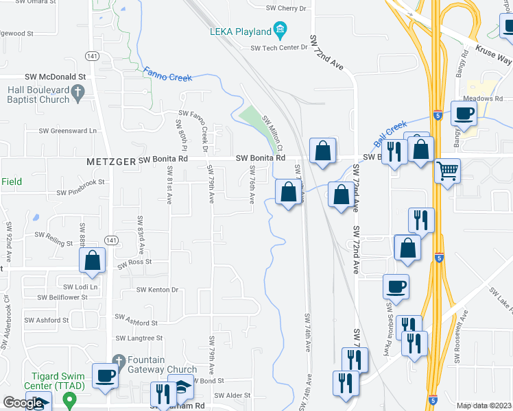 map of restaurants, bars, coffee shops, grocery stores, and more near 14798 Southwest 76th Avenue in Tigard