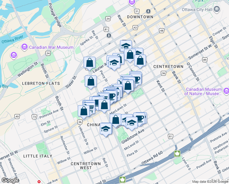map of restaurants, bars, coffee shops, grocery stores, and more near 703 Cooper Street in Ottawa