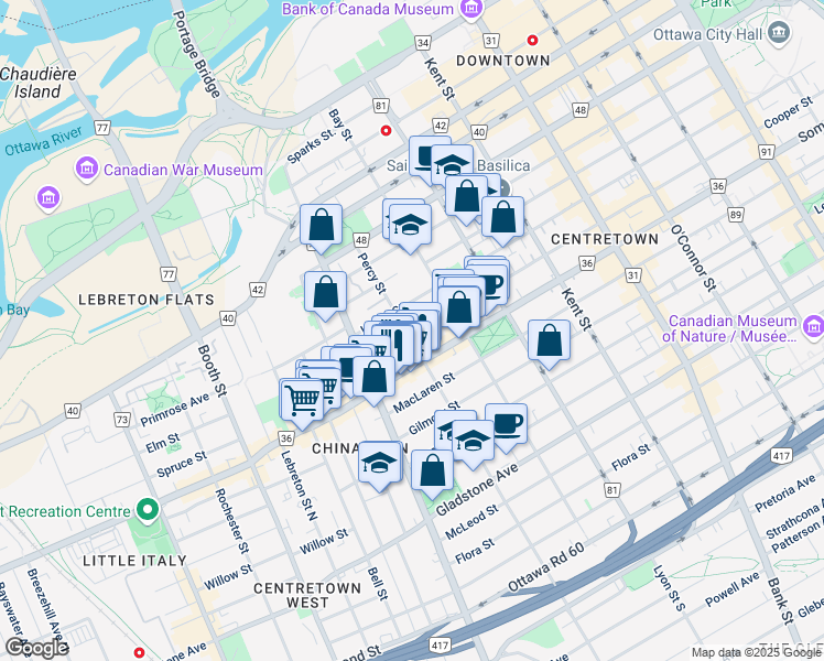map of restaurants, bars, coffee shops, grocery stores, and more near 726 Cooper Street in Ottawa