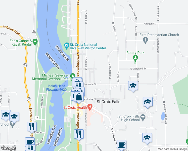 map of restaurants, bars, coffee shops, grocery stores, and more near 236 North Jefferson Street in St. Croix Falls